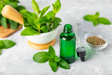 Ahşap bir arka planda esaslı bir nane şekeri. Naneli esaslı yağ ve taze nane yaprakları. Bir şişe aromaterapi yağı. Nane özütü. Doğal kozmetik konsepti, spa bakımı. Boşluğu kopyala