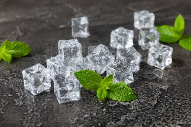 Arka planda nane ve buz var. Yeşil taze nane ve buz küpü. Nane yaprağı, buz küpü ve soğuk içecek için su damlası. Üst Manzara. Mesaj için yer var. Boşluğu kopyala.