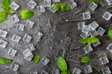 Arka planda nane ve buz var. Yeşil taze nane ve buz küpü. Nane yaprağı, buz küpü ve soğuk içecek için su damlası. Üst Manzara. Mesaj için yer var. Boşluğu kopyala.