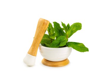 Beyaz arka planda izole edilmiş havan ve kabuklu taze nane. Melissa gider. Şifalı bitkiler, ilaç için havanda yeşil nane yaprakları. Mesaj için alan. Boşluğu kopyala.
