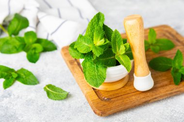 Ahşap zemin üzerinde havan ve kabuk ile taze nane. Melissa gider. Şifalı bitkiler, ilaç için havanda yeşil nane yaprakları. Mesaj için alan. Boşluğu kopyala.