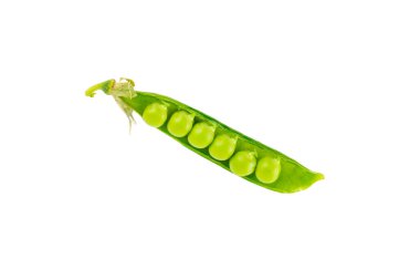 Taze yeşil bezelye kabukları ve beyaz arka planda izole edilmiş yeşil bezelyeler. Tatlı yeşil bezelyeler. Yeşil bezelye fasulyesi sebzesi. Vejetaryen. sağlıklı sebze