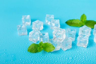 Arka planda nane ve buz var. Yeşil taze nane ve buz küpü. Nane yaprağı, buz küpü ve soğuk içecek için su damlası. Üst Manzara. Mesaj için yer var. Boşluğu kopyala.