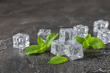 Arka planda nane ve buz var. Yeşil taze nane ve buz küpü. Nane yaprağı, buz küpü ve soğuk içecek için su damlası. Üst Manzara. Mesaj için yer var. Boşluğu kopyala.