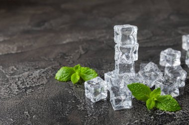 Arka planda nane ve buz var. Yeşil taze nane ve buz küpü. Nane yaprağı, buz küpü ve soğuk içecek için su damlası. Üst Manzara. Mesaj için yer var. Boşluğu kopyala.