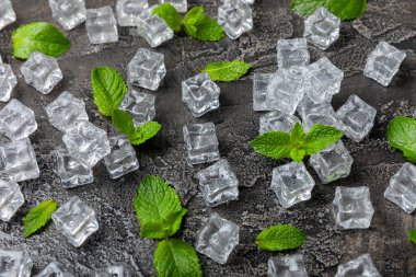 Arka planda nane ve buz var. Yeşil taze nane ve buz küpü. Nane yaprağı, buz küpü ve soğuk içecek için su damlası. Üst Manzara. Mesaj için yer var. Boşluğu kopyala.