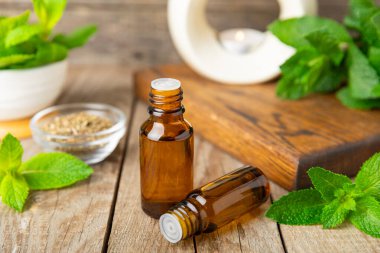 Ahşap bir arka planda esaslı bir nane şekeri. Naneli esaslı yağ ve taze nane yaprakları. Bir şişe aromaterapi yağı. Nane özütü. Doğal kozmetik konsepti, spa bakımı. Boşluğu kopyala