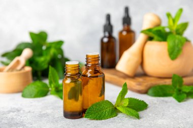 Ahşap bir arka planda esaslı bir nane şekeri. Naneli esaslı yağ ve taze nane yaprakları. Bir şişe aromaterapi yağı. Nane özütü. Doğal kozmetik konsepti, spa bakımı. Boşluğu kopyala