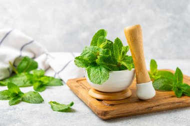 Ahşap zemin üzerinde havan ve kabuk ile taze nane. Melissa gider. Şifalı bitkiler, ilaç için havanda yeşil nane yaprakları. Mesaj için alan. Boşluğu kopyala.