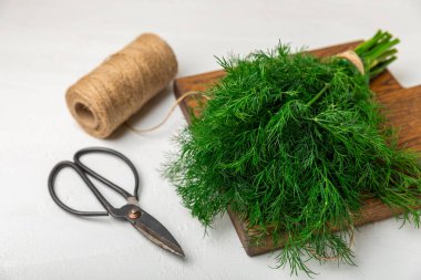 Ahşap arka planda Dill. Taze organik sebzeler. Dill çiftliği. Dereotu yapraklarını kes. Bahar genç deresi sürüsü. Vitaminler. İplik. Aromatik mutfak baharatı. Mesaj için yer. Boşluğu kopyala