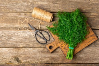 Ahşap arka planda Dill. Taze organik sebzeler. Dill çiftliği. Dereotu yapraklarını kes. Bahar genç deresi sürüsü. Vitaminler. İplik. Aromatik mutfak baharatı. Mesaj için yer. Boşluğu kopyala