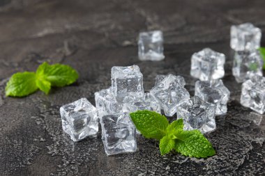 Arka planda nane ve buz var. Yeşil taze nane ve buz küpü. Nane yaprağı, buz küpü ve soğuk içecek için su damlası. Üst Manzara. Mesaj için yer var. Boşluğu kopyala.
