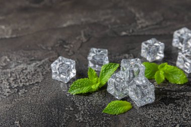 Arka planda nane ve buz var. Yeşil taze nane ve buz küpü. Nane yaprağı, buz küpü ve soğuk içecek için su damlası. Üst Manzara. Mesaj için yer var. Boşluğu kopyala.