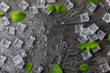 Arka planda nane ve buz var. Yeşil taze nane ve buz küpü. Nane yaprağı, buz küpü ve soğuk içecek için su damlası. Üst Manzara. Mesaj için yer var. Boşluğu kopyala.