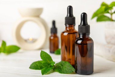 Ahşap bir arka planda esaslı bir nane şekeri. Naneli esaslı yağ ve taze nane yaprakları. Bir şişe aromaterapi yağı. Nane özütü. Doğal kozmetik konsepti, spa bakımı. Boşluğu kopyala
