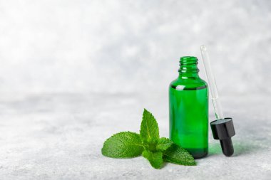 Ahşap bir arka planda esaslı bir nane şekeri. Naneli esaslı yağ ve taze nane yaprakları. Bir şişe aromaterapi yağı. Nane özütü. Doğal kozmetik konsepti, spa bakımı. Boşluğu kopyala