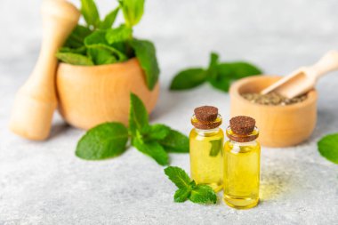 Ahşap bir arka planda esaslı bir nane şekeri. Naneli esaslı yağ ve taze nane yaprakları. Bir şişe aromaterapi yağı. Nane özütü. Doğal kozmetik konsepti, spa bakımı. Boşluğu kopyala