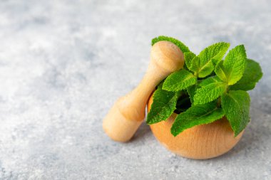 Ahşap zemin üzerinde havan ve kabuk ile taze nane. Melissa gider. Şifalı bitkiler, ilaç için havanda yeşil nane yaprakları. Mesaj için alan. Boşluğu kopyala.