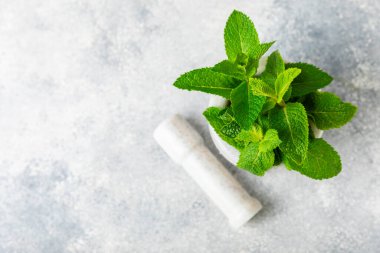 Ahşap zemin üzerinde havan ve kabuk ile taze nane. Melissa gider. Şifalı bitkiler, ilaç için havanda yeşil nane yaprakları. Mesaj için alan. Boşluğu kopyala.