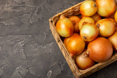 Mutfak masasında soğan. Soğan dilimi. Soğan halkaları. Taze Sarı Soğan. Doğal, taze, vejetaryen yiyecekler. Tarım ürünleri. Sağlıklı beslenme. Sebzeler. Çiftçi pazarı. Metin için boşluk. Boşluğu kopyala.