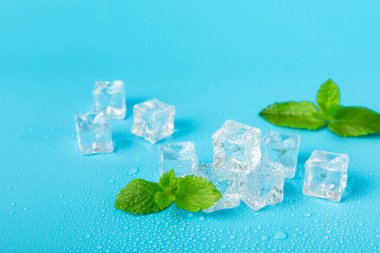 Arka planda nane ve buz var. Yeşil taze nane ve buz küpü. Nane yaprağı, buz küpü ve soğuk içecek için su damlası. Üst Manzara. Mesaj için yer var. Boşluğu kopyala.