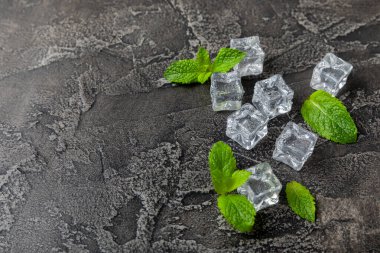 Arka planda nane ve buz var. Yeşil taze nane ve buz küpü. Nane yaprağı, buz küpü ve soğuk içecek için su damlası. Üst Manzara. Mesaj için yer var. Boşluğu kopyala.