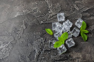 Arka planda nane ve buz var. Yeşil taze nane ve buz küpü. Nane yaprağı, buz küpü ve soğuk içecek için su damlası. Üst Manzara. Mesaj için yer var. Boşluğu kopyala.