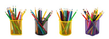 Beyaz arkaplanda izole edilmiş renkli kalemler. Boyama için ekipman. Yaratıcılık için kırtasiye malzemesi. Okula dönüyorum. Flatlay. Çocukların Yaratıcılığı ve Eğitimi. Gökkuşağı.