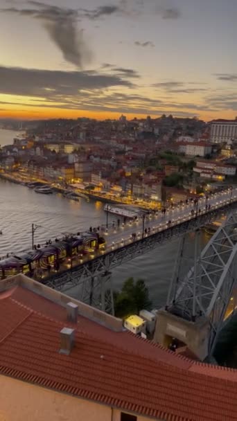 Aerial View Porto Cityscape Showing Train Crossing Dom Luis Bridge — Stock Video