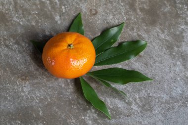 Turuncu meyvelerin arka planda yaprakları vardır. Yakın plan, üst görüş, sağlıklı gıda kavramı..