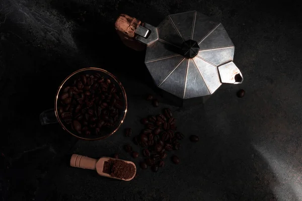 stock image Roasted coffee bean on stone background copy space, top view, food and drink concept.