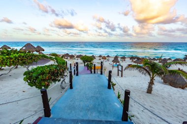 Gün doğumundan sonra Playa Delfines 'de çekilmiş canlı bir plaj fotoğrafı koleksiyonu. Meksika' nın Cancun kentindeki en ikonik halk plajlarından biri. Resimlerde yumuşak beyaz kum, turkuaz Karayip suları, palapalar (sazlı şemsiyeler) ve tropikal bitkiler yer alıyor.