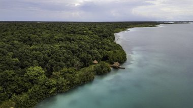 Bacalar, Mexico, Quintana Roo, Beautiful blue ocean with a lush green forest in the background. The water is calm and the sky is cloudy