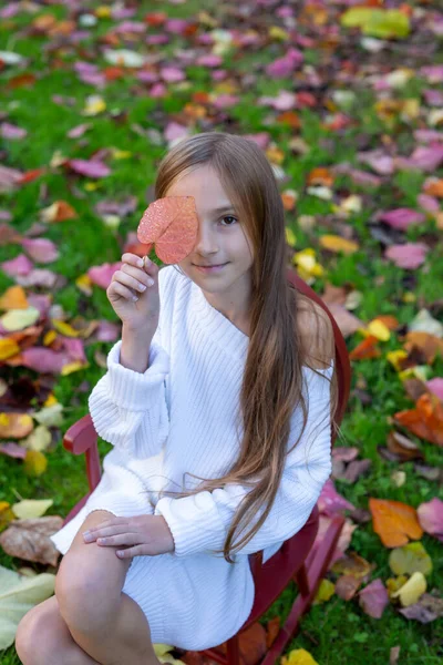 Autumn leisure, the need for vitamins in autumn, childrens entertainment. Portrait of a pretty girl with long hair covering half of her face with a red leaf on a blurred background