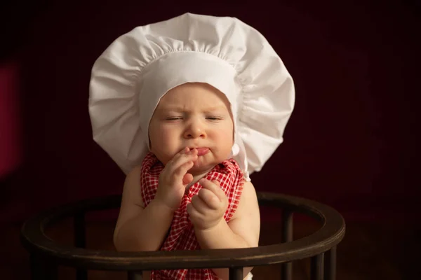 Baby Food Transition Breastfeeding Portrait Child White Chefs Hat Red — Stock Photo, Image
