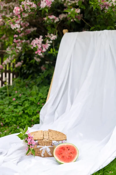 Picnic, snack, summer. Picnic location in the garden, outside, under a blooming rose tree. Picnic basket and watermelon on a white blanket