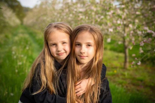 Testvérek Nővérek Család Két Kedves Nővér Portréja Hosszú Hajjal Fekete — Stock Fotó
