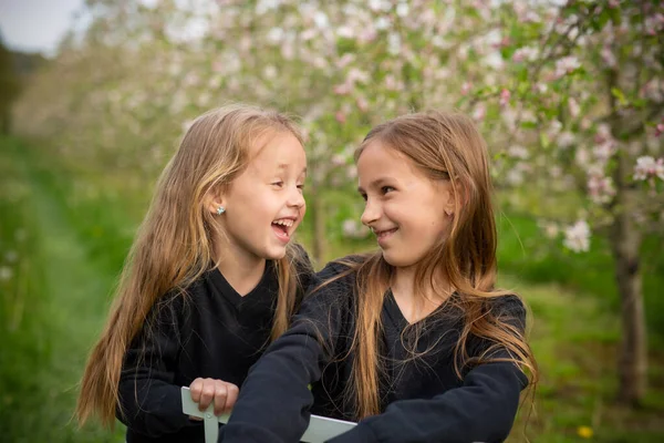 Geschwister Schwestern Familie Porträt Zweier Reizender Schwestern Mit Langen Haaren — Stockfoto