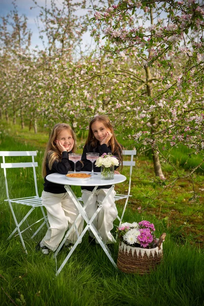 Jablečný Sad Dětství Piknik Dvě Hezké Sestry Jsou Kamarádky Bílém — Stock fotografie