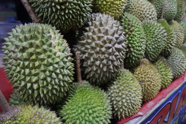 Durian fruit on display at a local roadside hawker stall