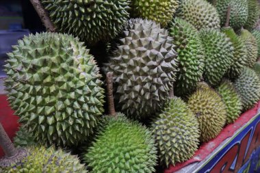 Durian fruit on display at a local roadside hawker stall