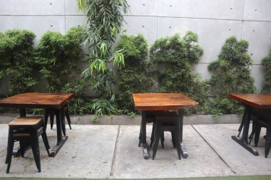 Kafe sandalyeleri, kahve ve diğer içecekler için rahat bir şekilde bahçeye yerleştirilir..