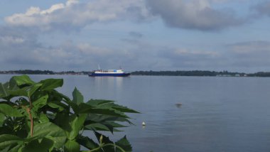 Sahilden deniz manzarası, uzaklardan görünen gemiler ve adalar.