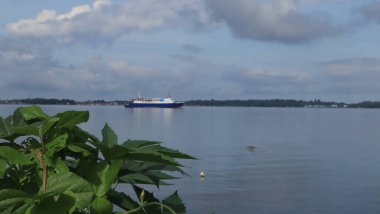 Sahilden deniz manzarası, uzaklardan görünen gemiler ve adalar.