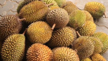 Durian fruit on display at a local roadside hawker stall