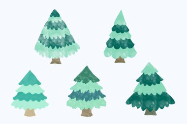 Yumuşak ve rahat bir kış manzaralı suluboya Noel ağacı çizimi. Bayram dekorasyonu için ideal, tebrik kartları, ya da kış tasarımları doğanın güzelliğini kutlamak için..