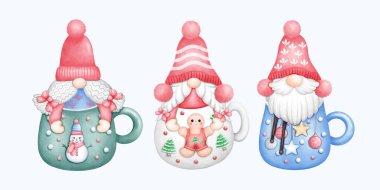 Watercolor Christmas gnome with a cute and festive design, ideal for holiday decor and Christmas themed projects. This hand drawn gnome illustration brings joy to winter celebrations. clipart