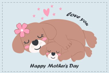 Anneler Günü köpeği anne ve yavru köpek çizgi film çizimleri. Sevgi ve sıcaklıkla düz tasarım.