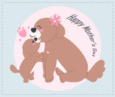 Anneler Günü köpeği anne ve yavru köpek çizgi film çizimleri. Düz dizayn edilmiş, sevgi ve içtenlikle.
