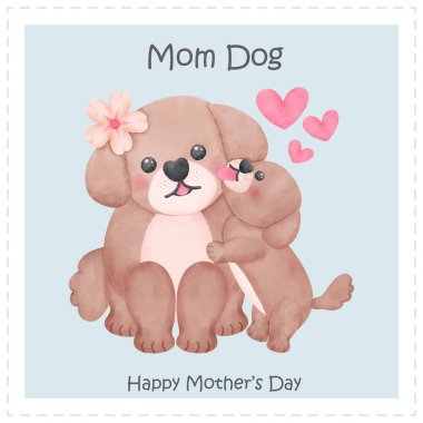 Anneler günü köpeği anne suluboya bebek yavrusuna sarılıyor. Sevgi hayvanı ve hayvan aile temalarını gösteriyor.